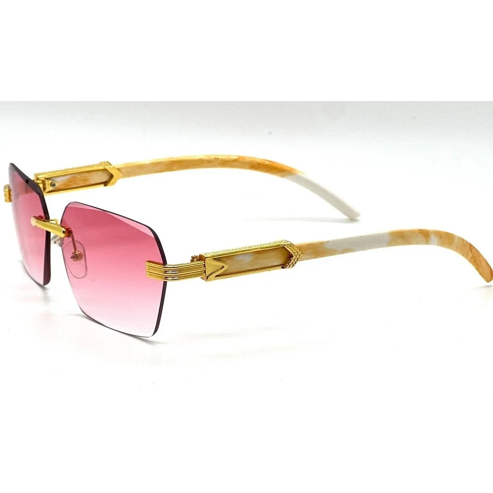 Men Sunglasses Rectangular Diamond Cut Sophisticated Pink Lens Marble Arms UV400